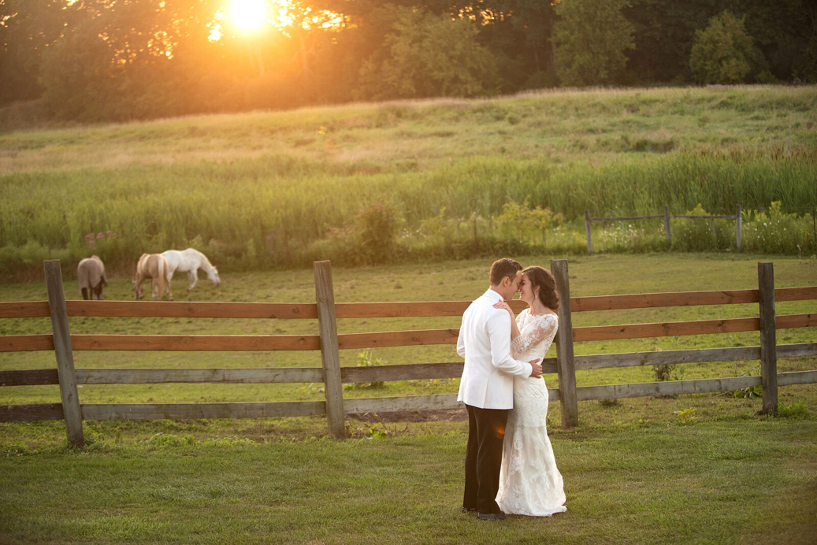 A bride and groom embrace as the sun sets at misty farm ann arbor