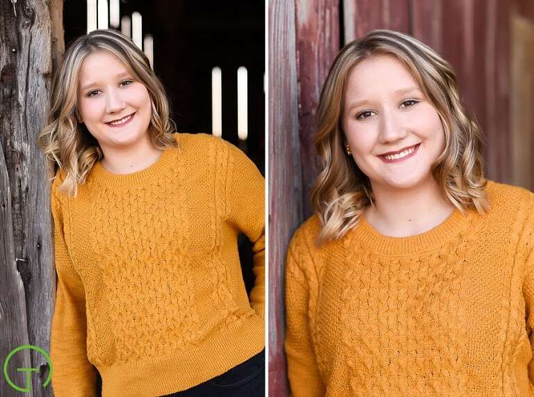 A high school senior poses for her Ypsilanti senior portrait session near an old rustic barn