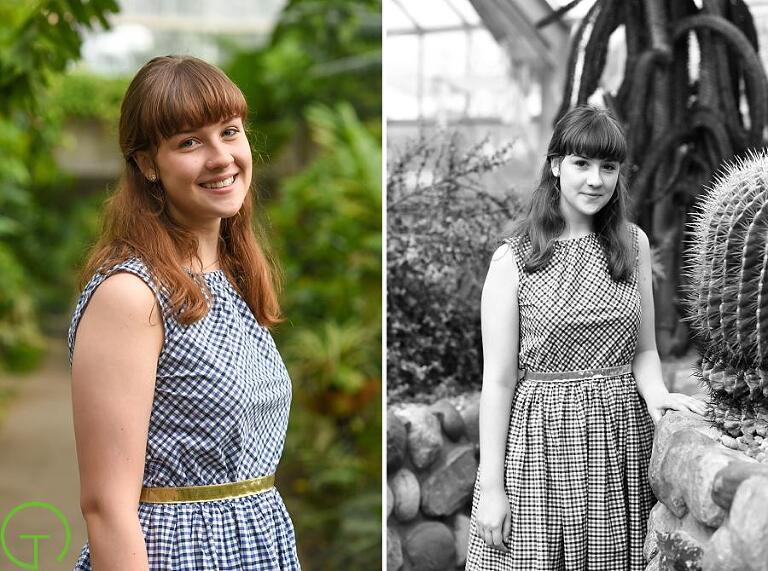 A high school senior poses near a prickly cactus at Matthaei Botanical Gardens for her senior session