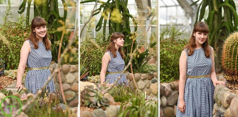 A high school senior poses in the Arid house at Matthaei Botanical Gardens for her senior session