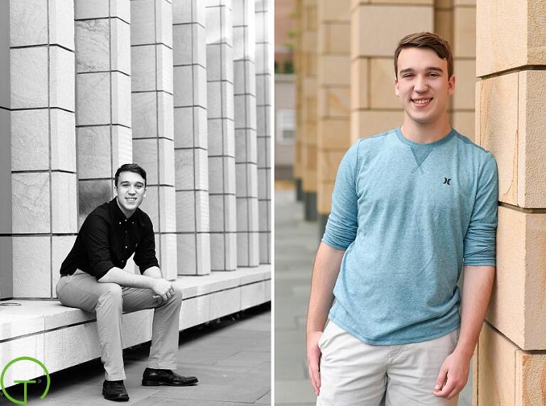 A high School senior poses near the brick columns at Ross school of business