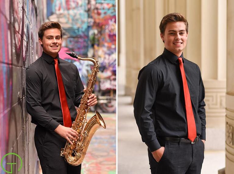 A high school senior poses with a saxophone in Ann Arbor's Graffiti Alley