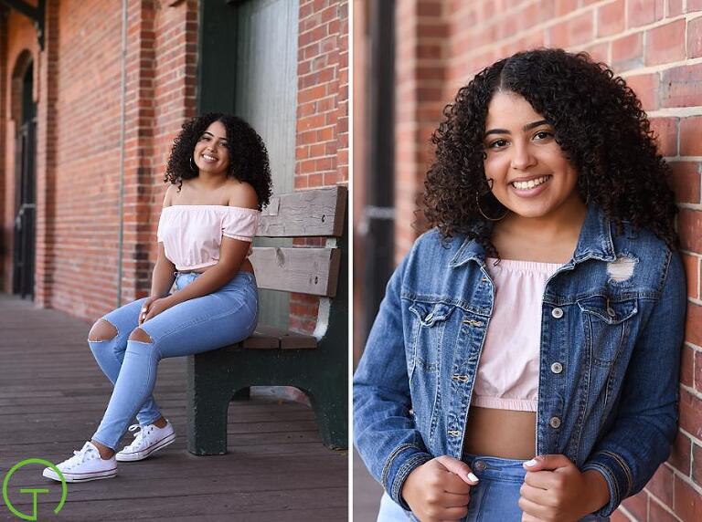 A high school senior poses on a bench near Ypsilanti's freighthouse for her senior portrait