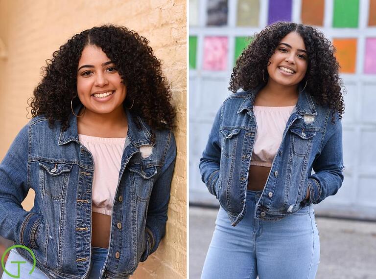 A high school senior casually poses near a colorful door for her ypsilanti senior portrait