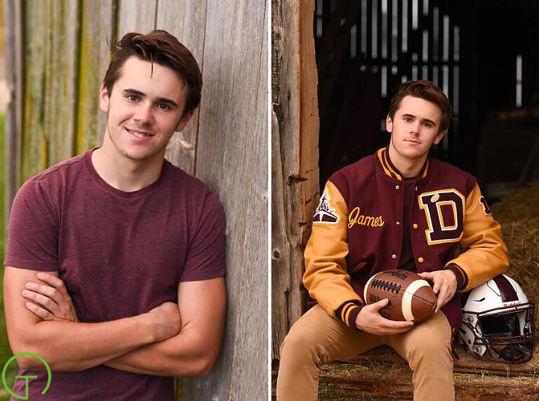 A high school senior poses near a rustic barn for his ypsilanti senior portraits