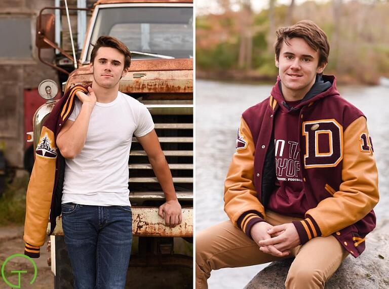 A high school senior sits near the huron river at Hudson Mills metropark for his Dexter senior portrait session