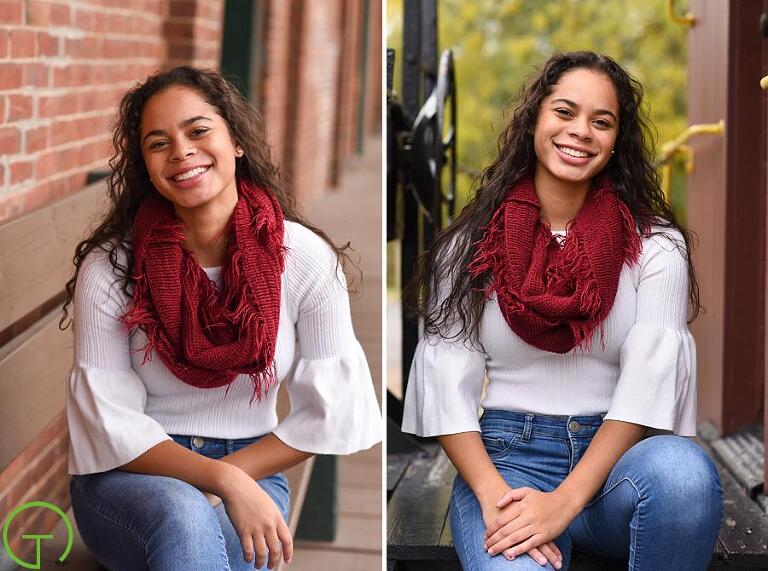 A high school senior poses near Ypsilanti’s Freighthouse and caboose in Depot Town during her Ypsilanti senior portrait session