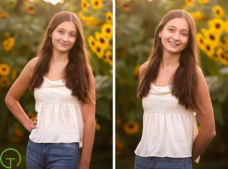 a high school girl poses with sunflowers in the background for a portrait