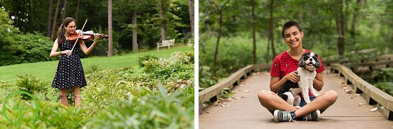 A high school senior poses with her dog on the Wetland Boardwalk in Nichols Arboretum